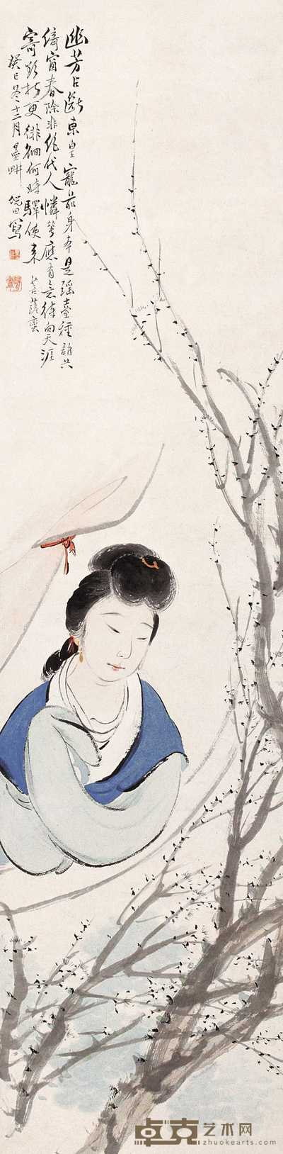 倪墨畊 1893年作 梅花仕女图 立轴 128.5×32cm